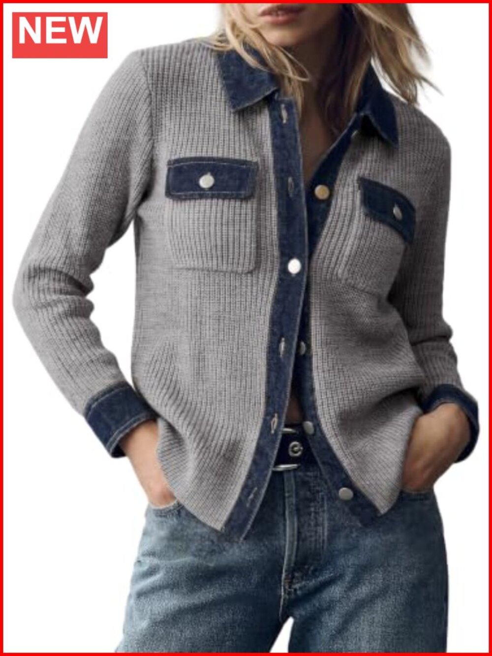Waffle Knit Denim Trim Button Down Cardigan Long Sleeve V-Neck